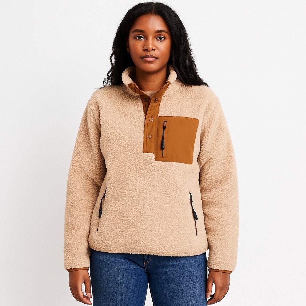 ORVIS Sherpa Fleece Snap Pullover Tan‎ Brown Chest Pocket Cozy Outdoor Layer M